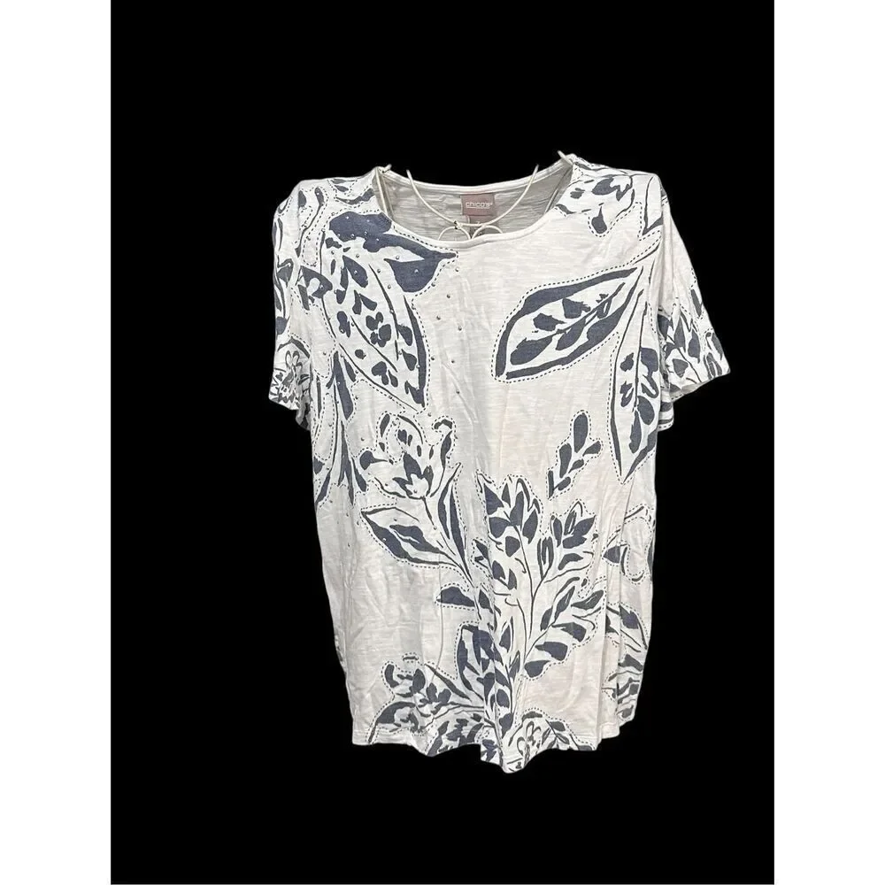 GREAT CONDITION WOMEN Chicos Embellished Floral Ivy Tee BLOUSE CHICO SZ 3(US SIZ